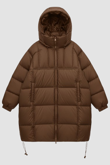 Brown puffer jacket with a hood on a light gray background