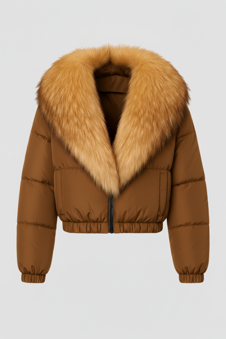 Brown puffer jacket with a large fur collar on a light gray background