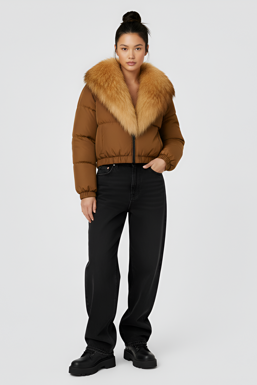 Brown puffer jacket with gray fur collar on a light gray background