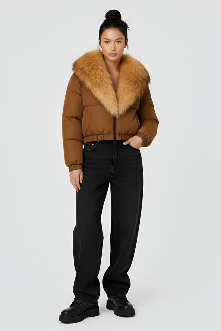 Brown puffer jacket with gray fur collar on a light gray background