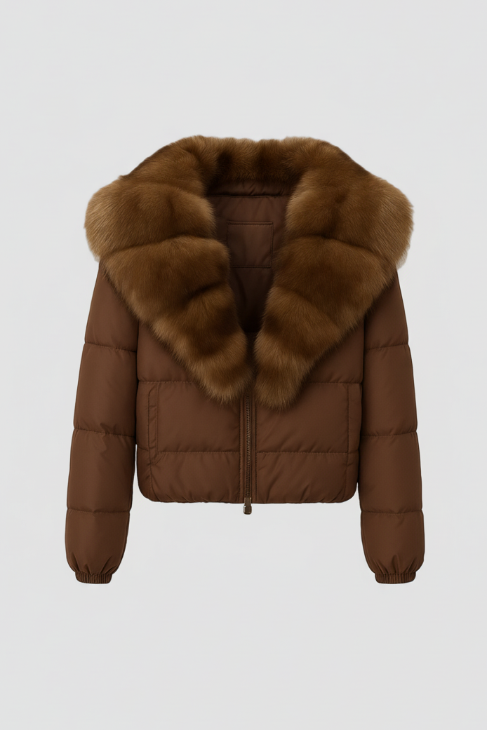 Brown puffer jacket with fur collar on a light gray background