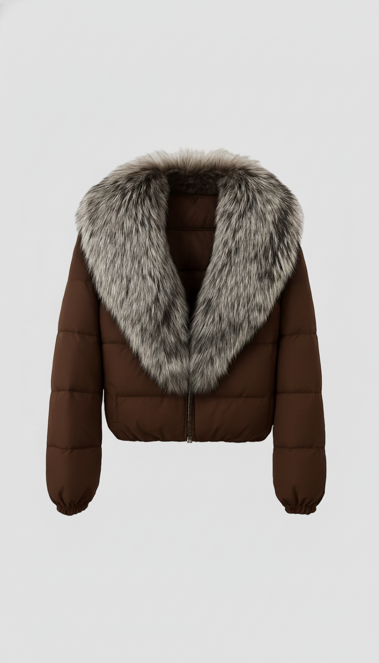 Brown puffer jacket with fur collar on a white background