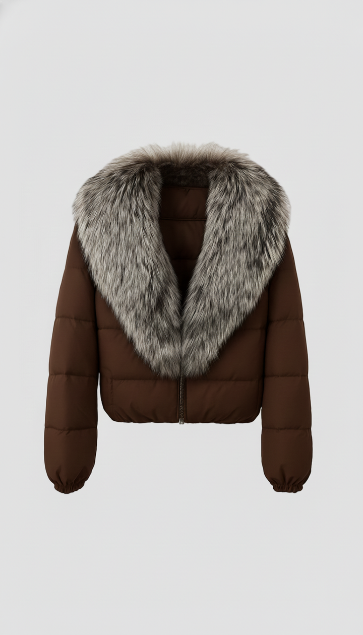 Brown puffer jacket with fur collar on a white background