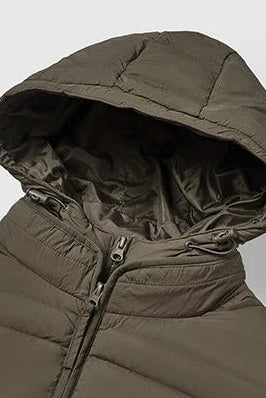Brown puffer jacket with hood and zipper on a white background