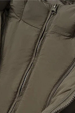 Brown puffer jacket with hood and zipper on a white background