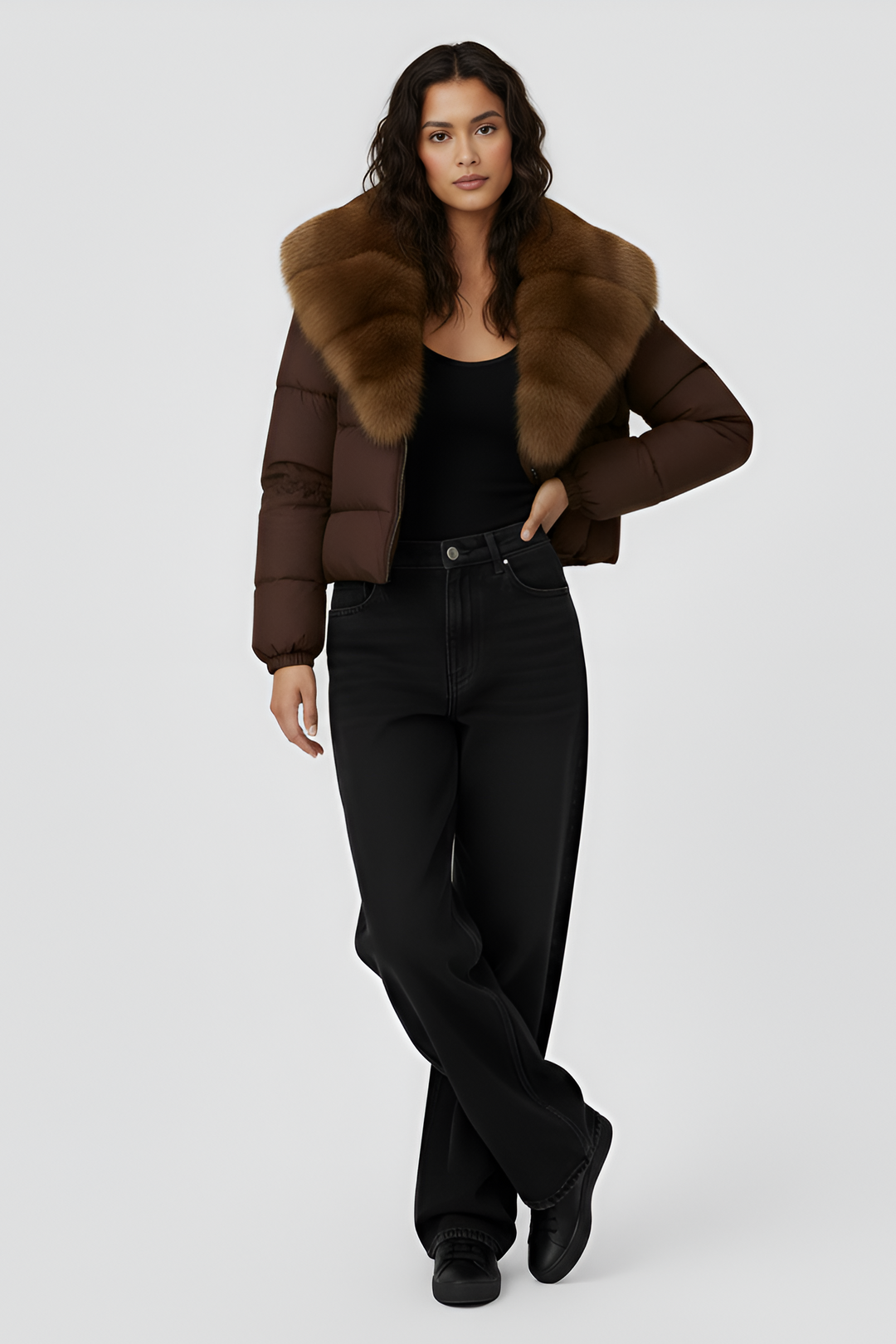 Brown puffer jacket with fur collar on a light gray background