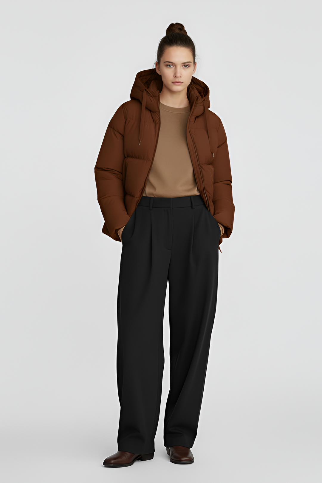 Brown puffer jacket on a light gray background