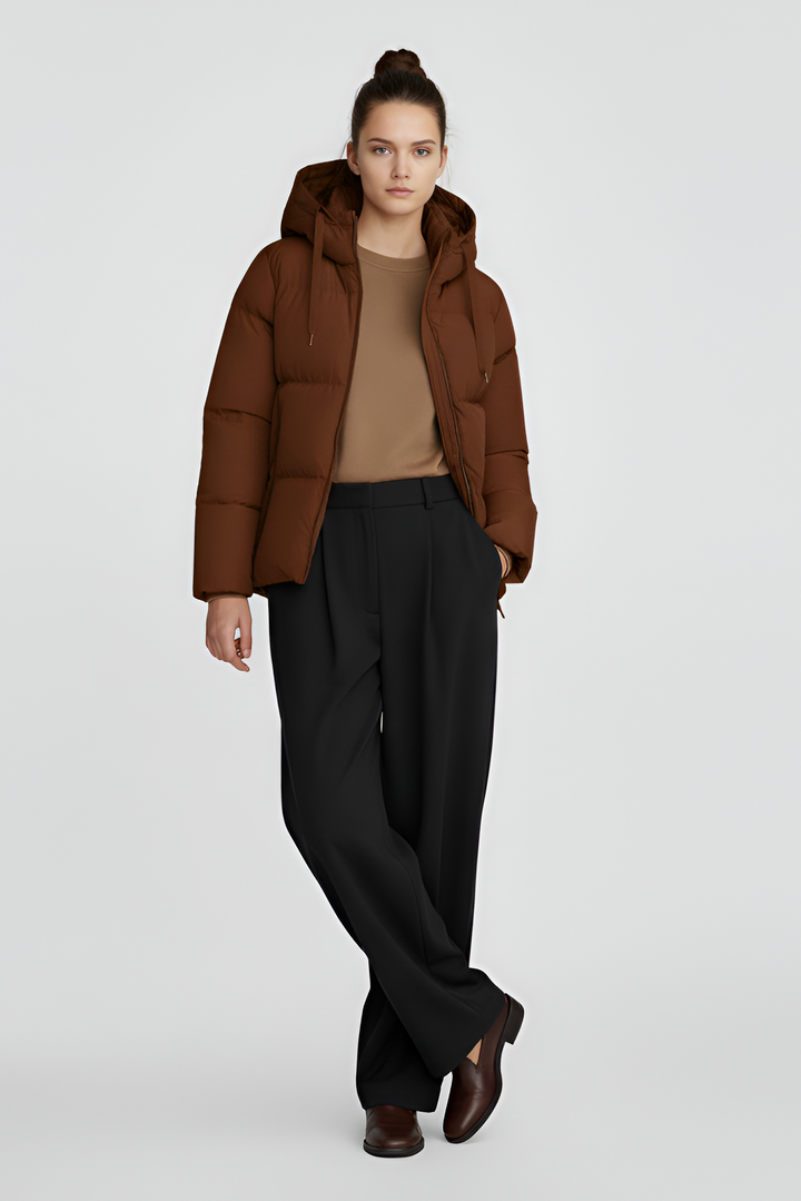 Brown puffer jacket on a light gray background