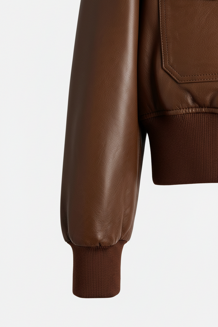 Brynne - Brown leather bomber jacket,sleeve detail