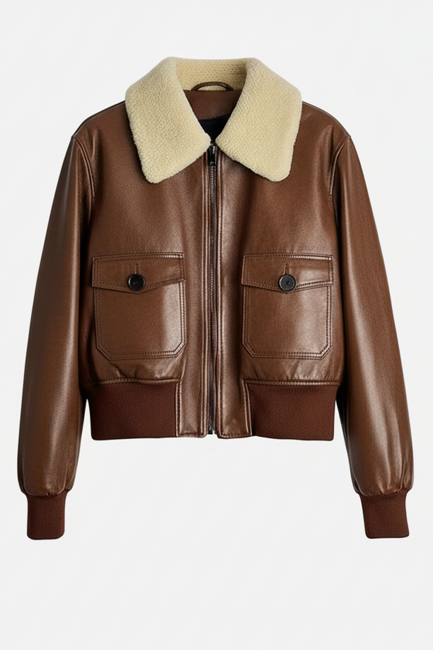 Brynne - Brown leather bomber jacket with sherpa collar