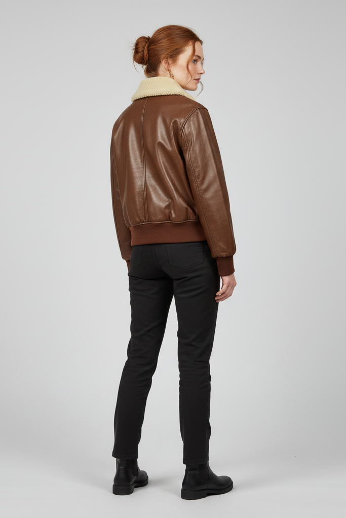Brynne - Brown leather bomber jacket with sherpa collar back view