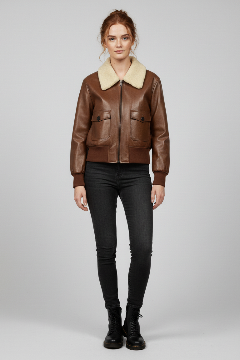 Brynne - Brown leather bomber jacket with sherpa collar full body shot