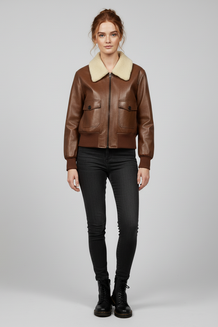 Brynne - Brown leather bomber jacket with sherpa collar full body shot