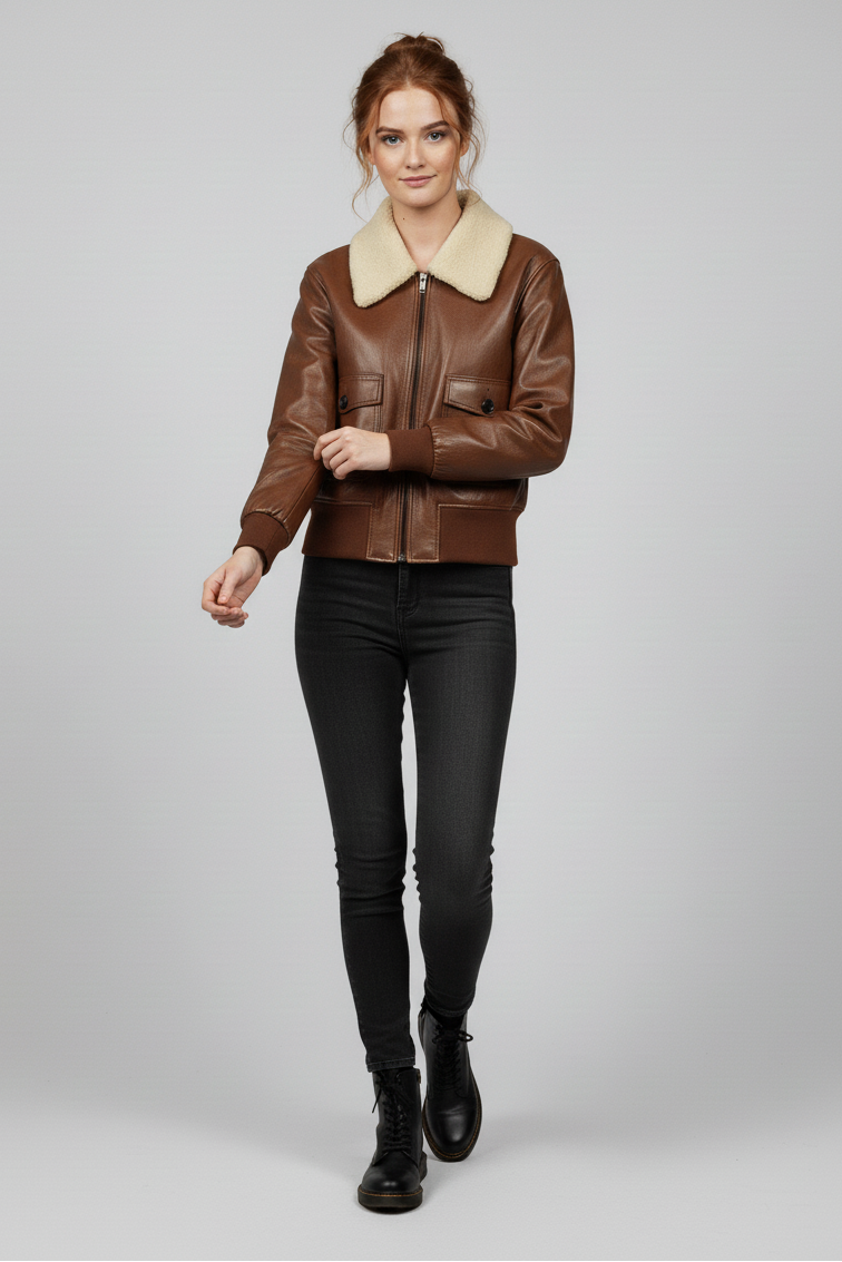 Brynne - Brown leather bomber jacket with sherpa collar, walking shot on model