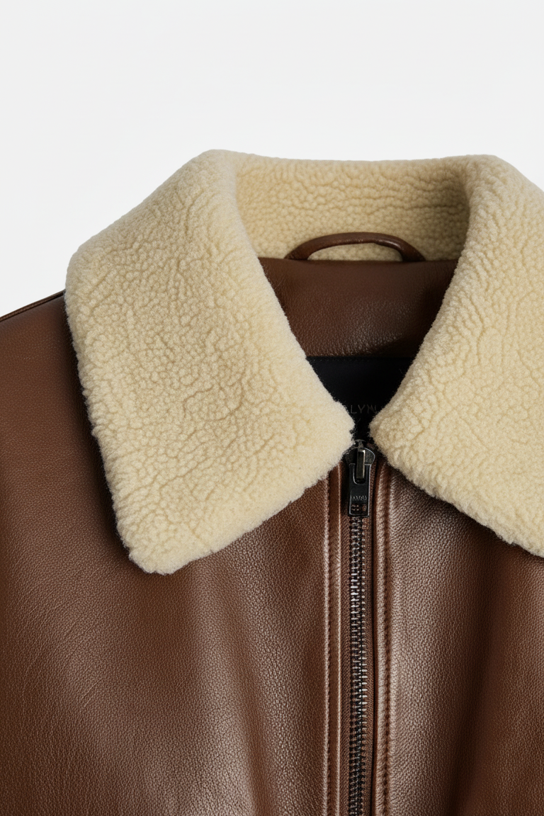 Brynne - Detail of sherpa collar and zipper on brown jacket