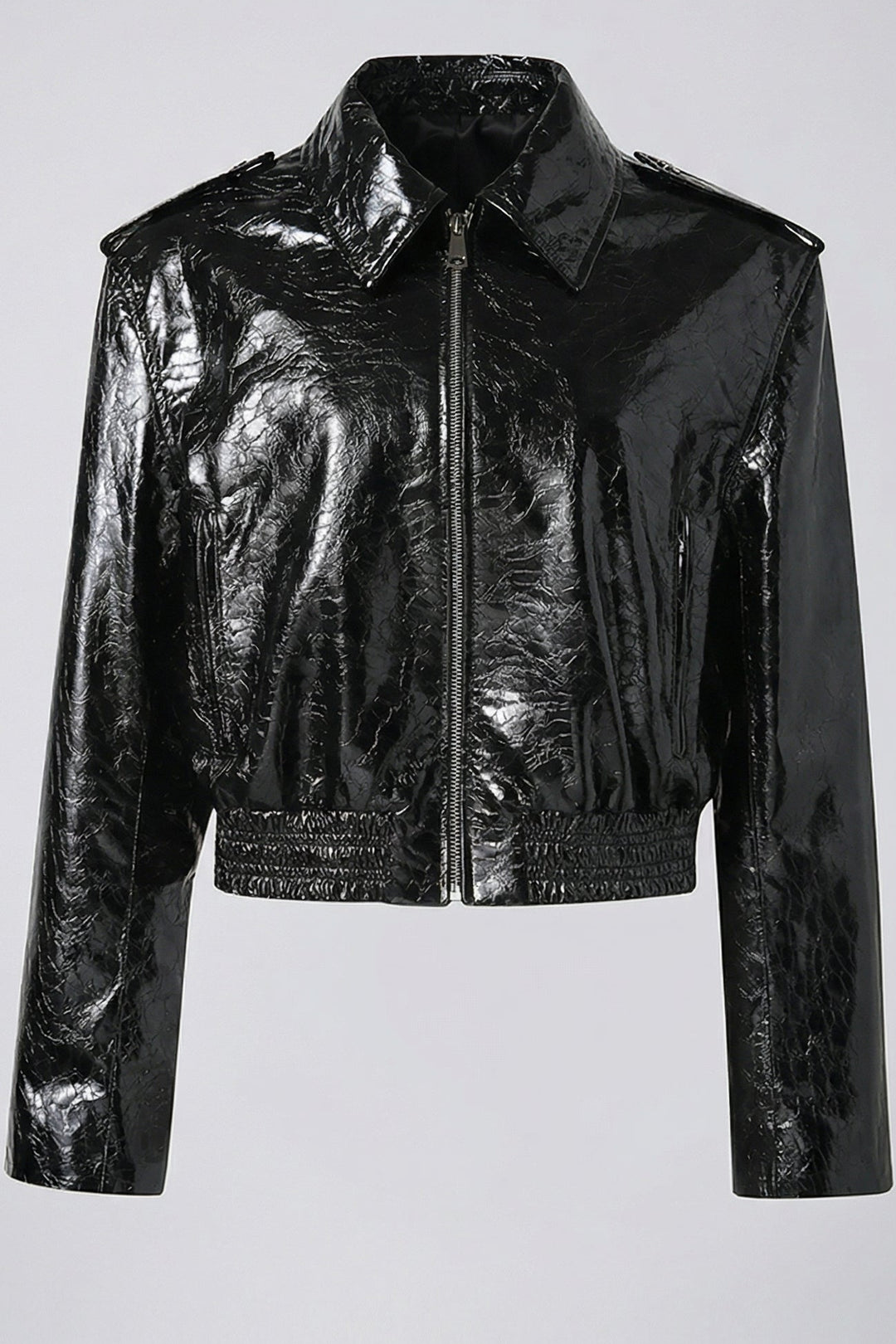 CAMDEN - Cropped Patent Leather Jacket, Black, Zippered Front, Collared
