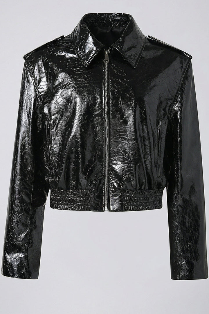 CAMDEN - Cropped Patent Leather Jacket, Black, Zippered Front, Collared