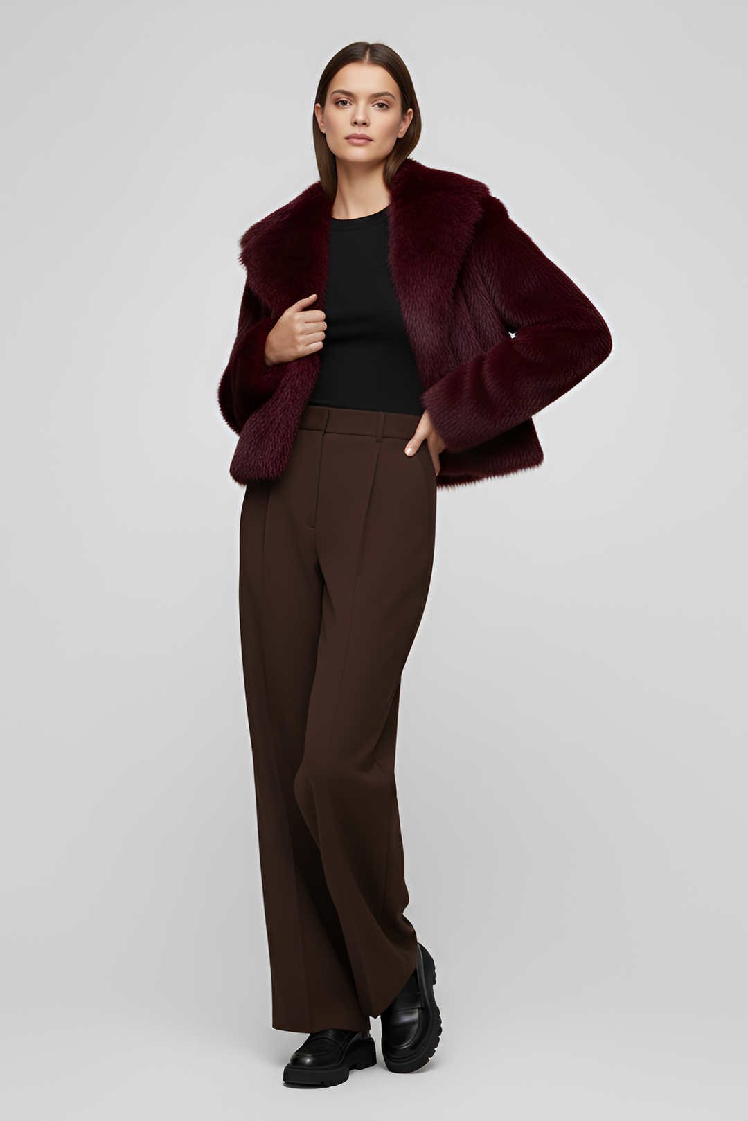 Detailed front view of the Camelia faux fur winter coat in deep burgundy, highlighting its rich texture and satin inner lining.