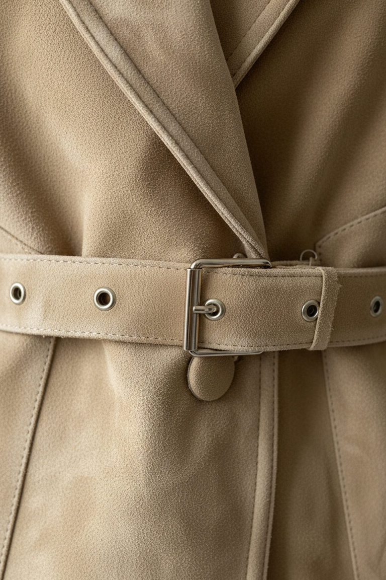 CAMERON - Suede jacket buckle and button detail, close-up
