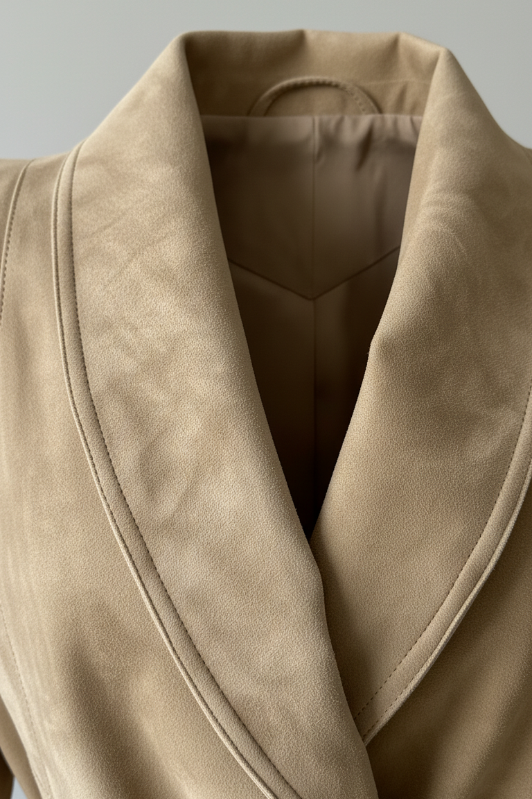 CAMERON - Close-up of suede jacket collar and stitching