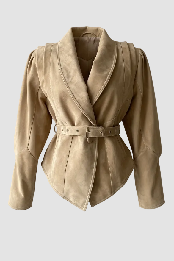 CAMERON - Belted suede jacket, three-quarter view, model wearing black pants