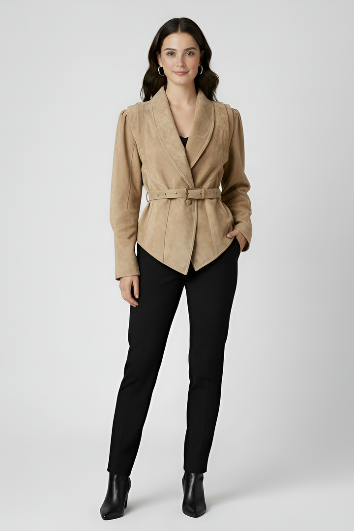 CAMERON - Belted suede jacket, front view, model shot