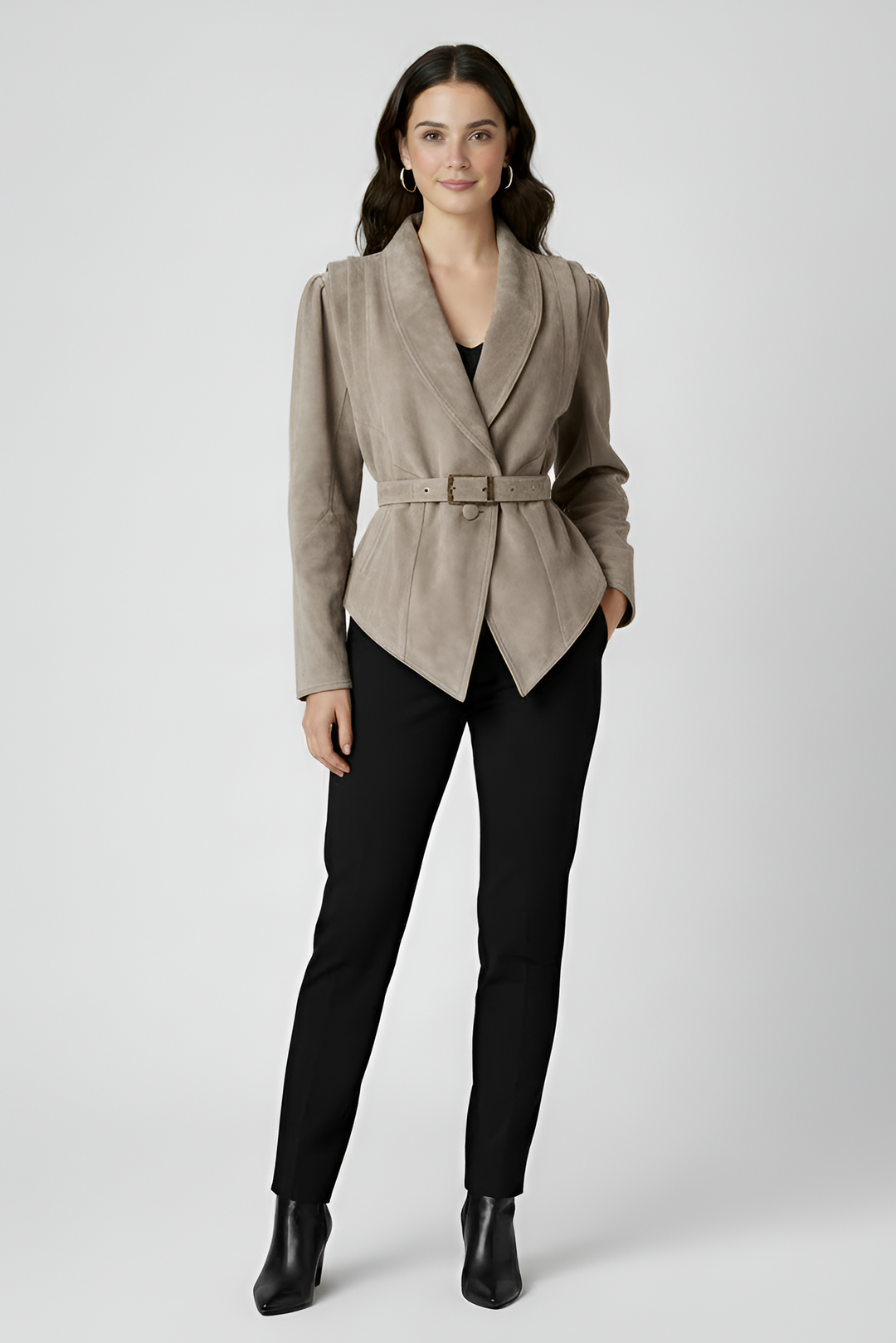CAMERON - Suede jacket with shawl collar, standing pose