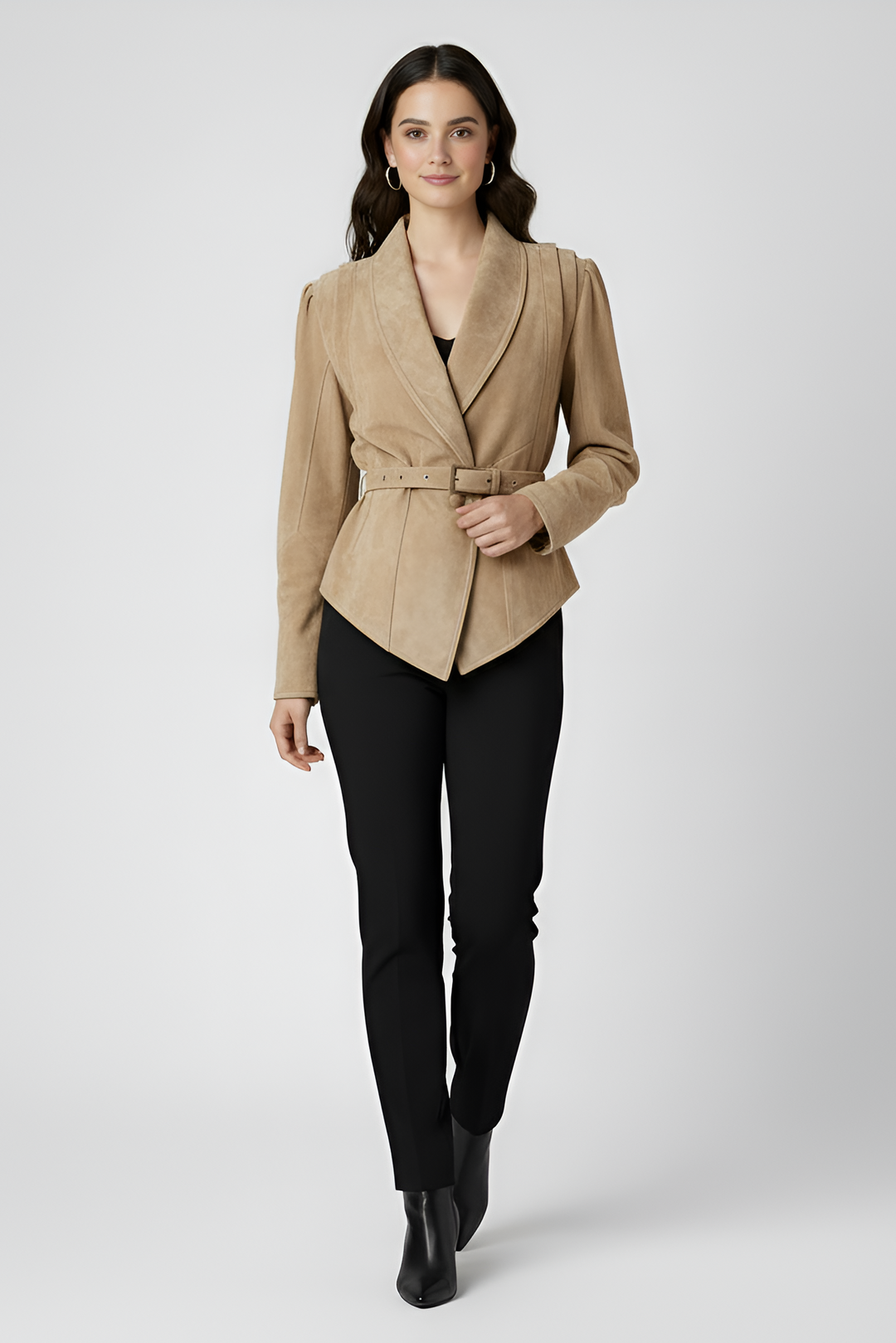CAMERON - Beige suede jacket with belt, full body shot