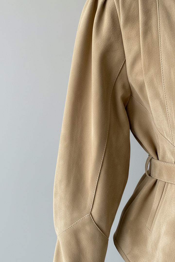 CAMERON - Detail shot of suede jacket sleeve and belt loop