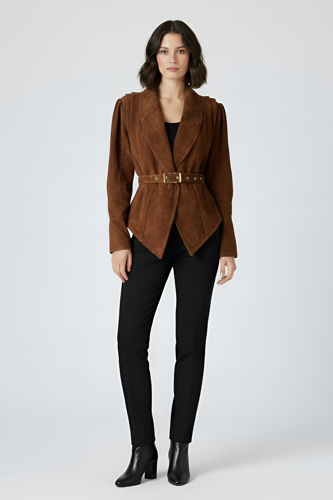 CAMERON - Brown Suede Belted Jacket Front View