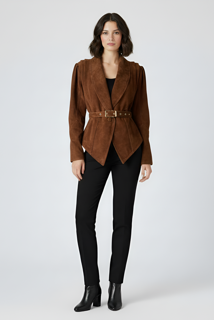 CAMERON - Brown Suede Belted Jacket Front View