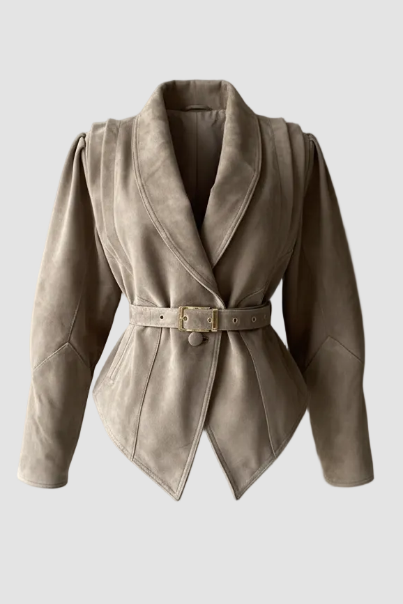 CAMERON - Fashionable suede jacket with structured shoulders, studio shot