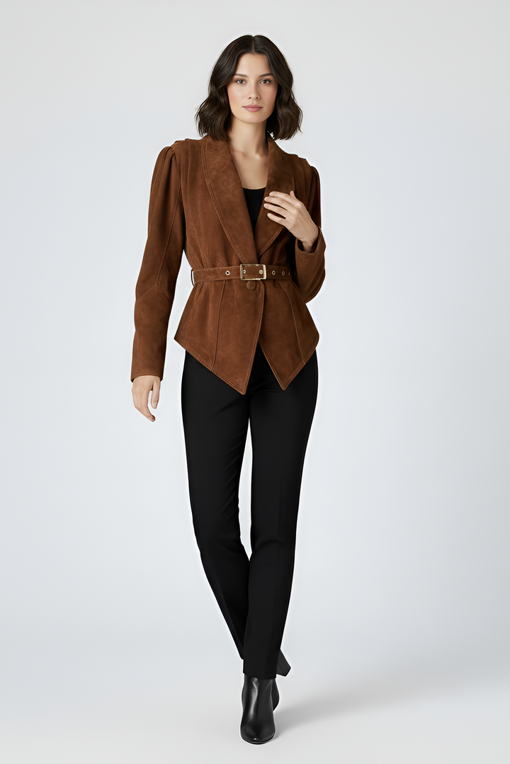 CAMERON - Model Wearing Brown Suede Jacket