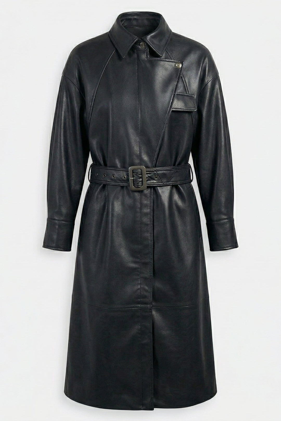 CARSON - Belted Sheepskin Trench Coat, Black Leather, Asymmetrical Collar, Pocket Detail