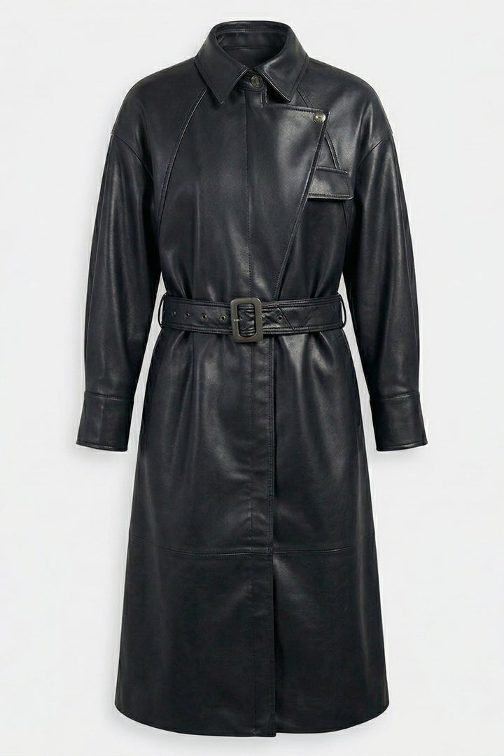 CARSON - Belted Sheepskin Trench Coat, Black Leather, Asymmetrical Collar, Pocket Detail