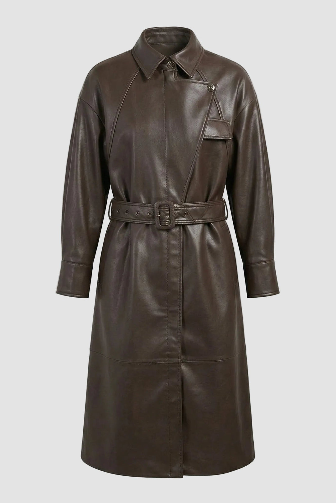 CARSON - Belted Sheepskin Trench Coat, Brown Leather, Full Length, Buttoned