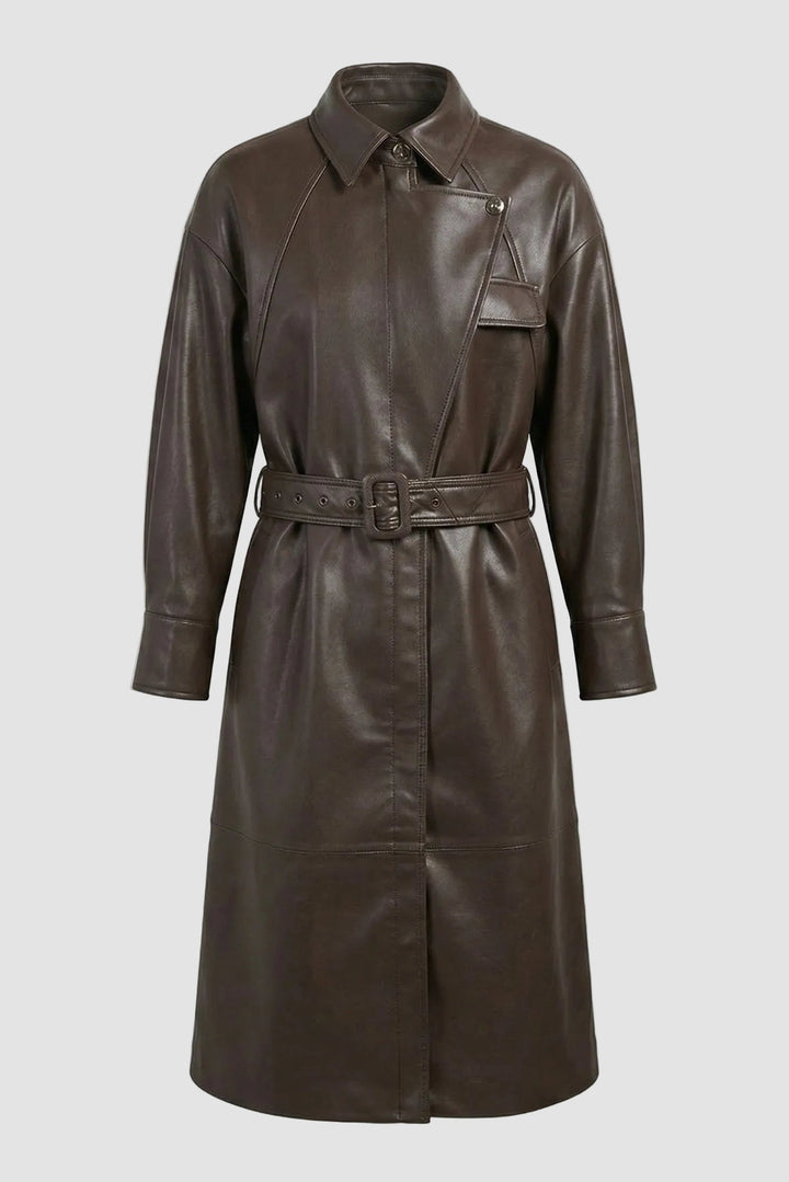 CARSON - Belted Sheepskin Trench Coat, Brown Leather, Full Length, Buttoned