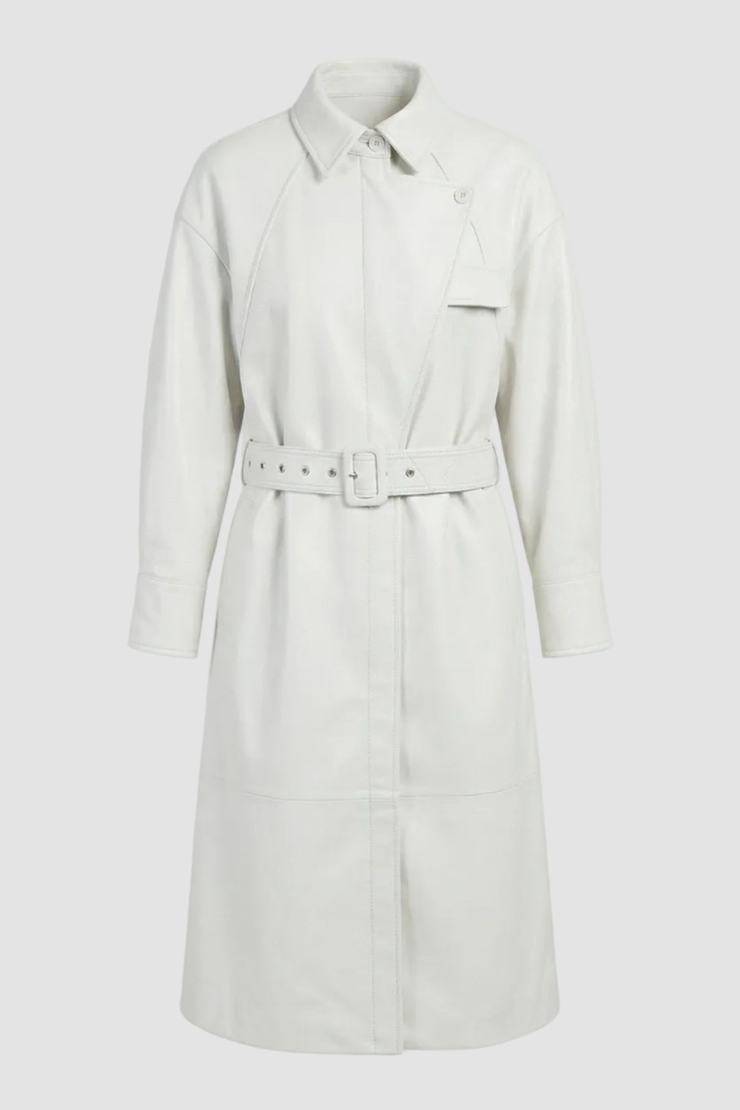 CARSON - Belted Sheepskin Trench Coat, White Leather, Collared, Buckled Belt