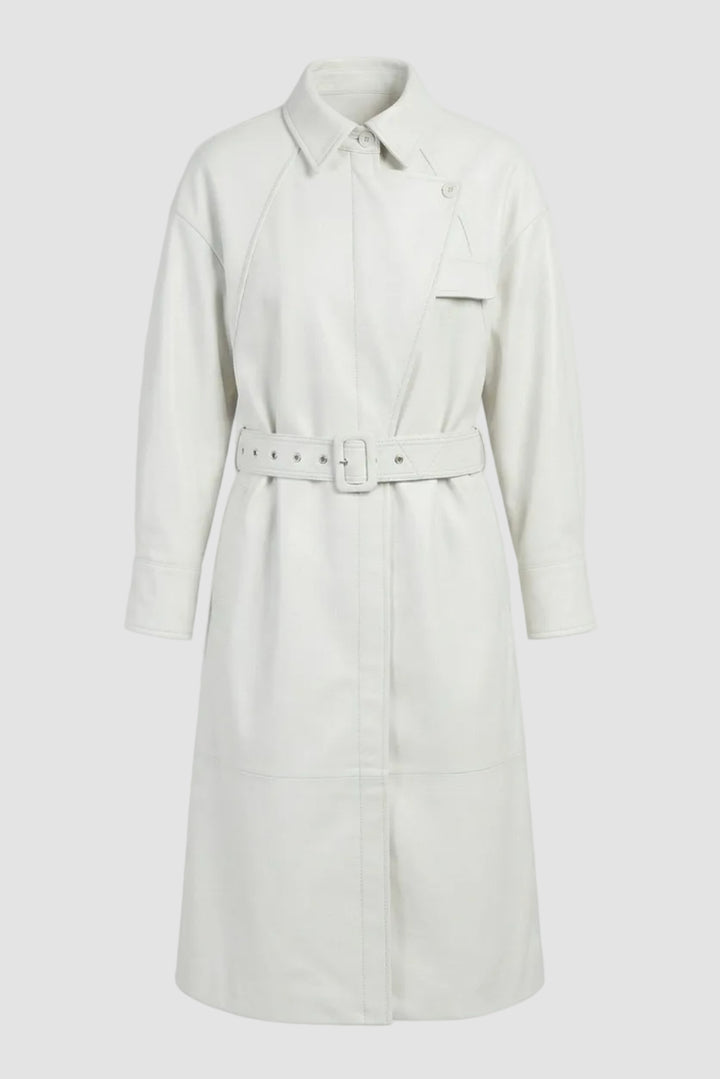 CARSON - Belted Sheepskin Trench Coat, White Leather, Collared, Buckled Belt