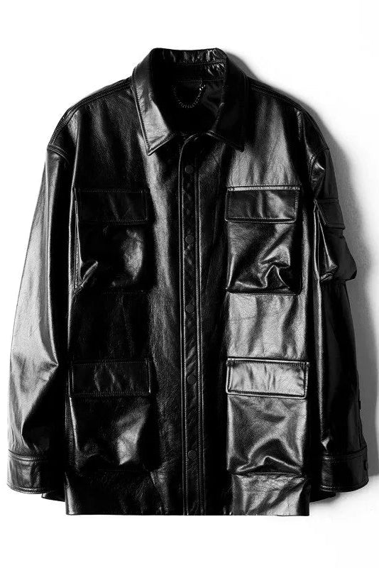 CECILE - Oversized Wax Coat, black leather, multiple pockets, outerwear