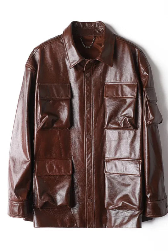CECILE - Oversized Wax Coat, brown leather, chest pockets, utilitarian style