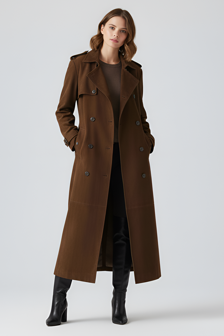 CHARLOTTE - Brown suede leather trench coat ensemble with boots