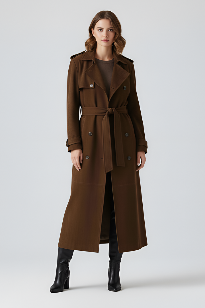 CHARLOTTE - Brown suede leather trench coat with belt