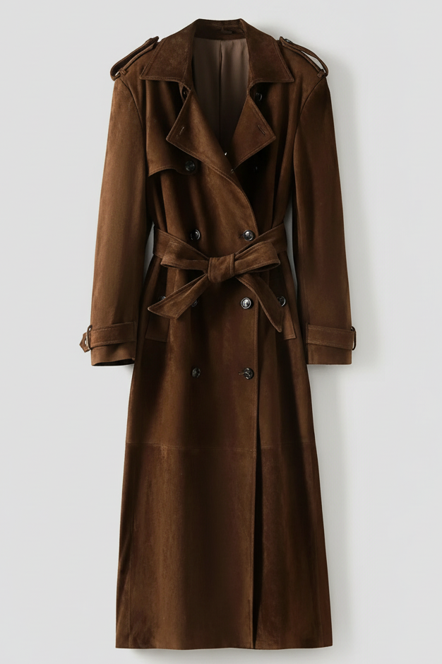 CHARLOTTE - Full length brown suede leather trench coat