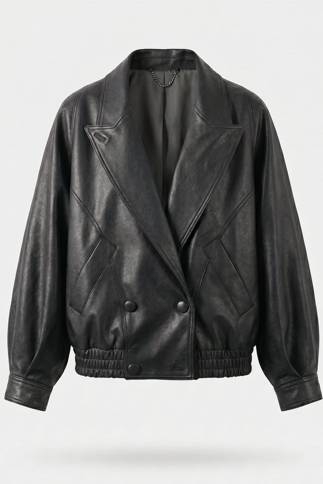 CLAIRE - Vintage Suit Col, black leather, double-breasted bomber jacket, wide lapels