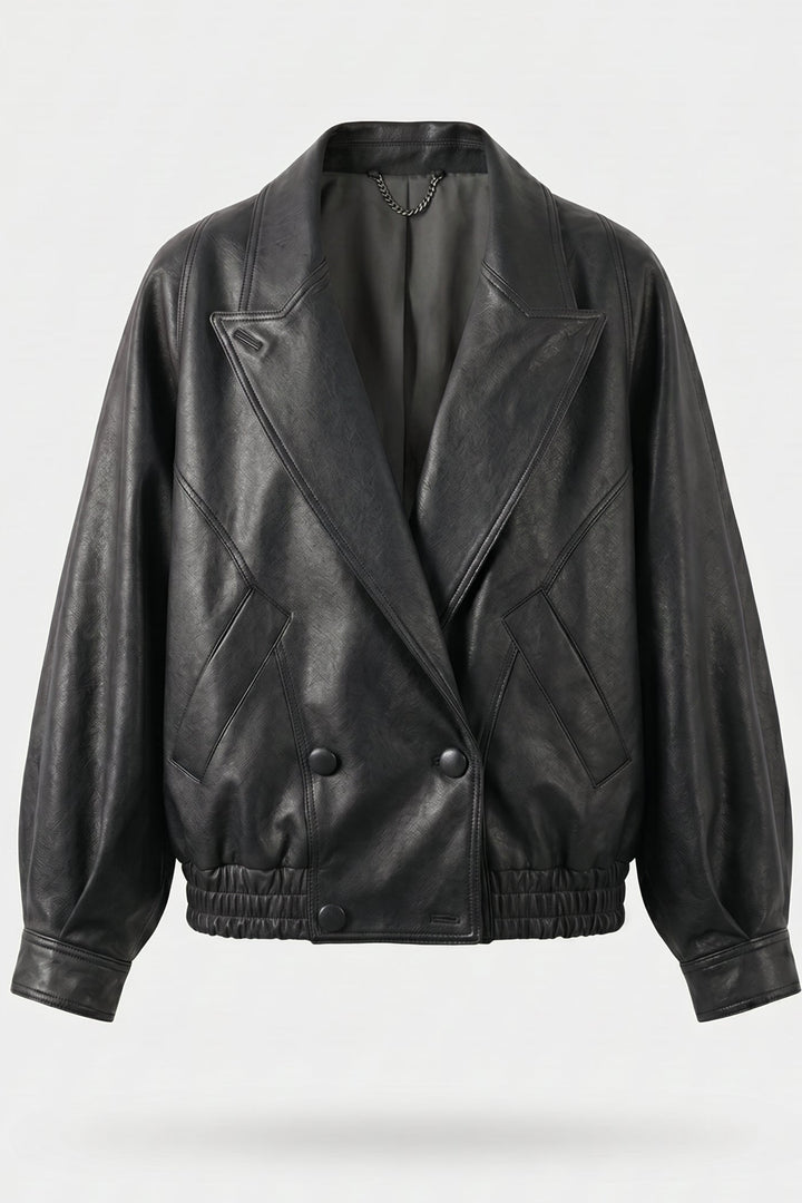 CLAIRE - Vintage Suit Col, black leather, double-breasted bomber jacket, wide lapels