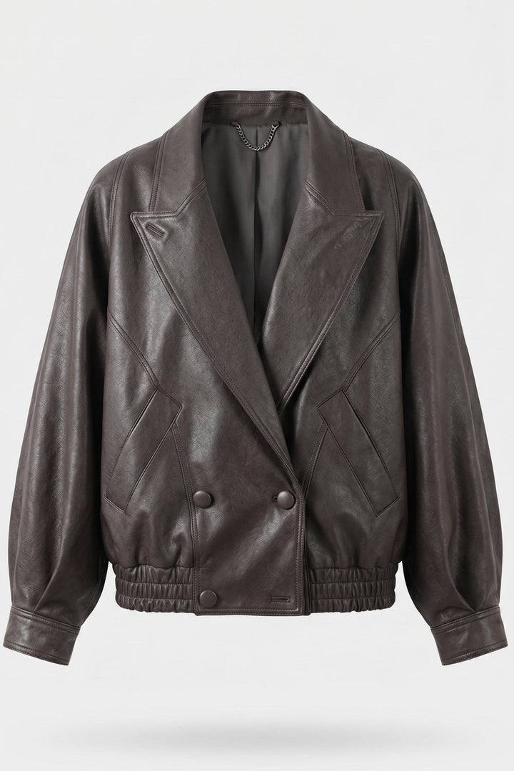 CLAIRE - Vintage Suit Col, dark brown leather, double-breasted bomber jacket, cinched hem