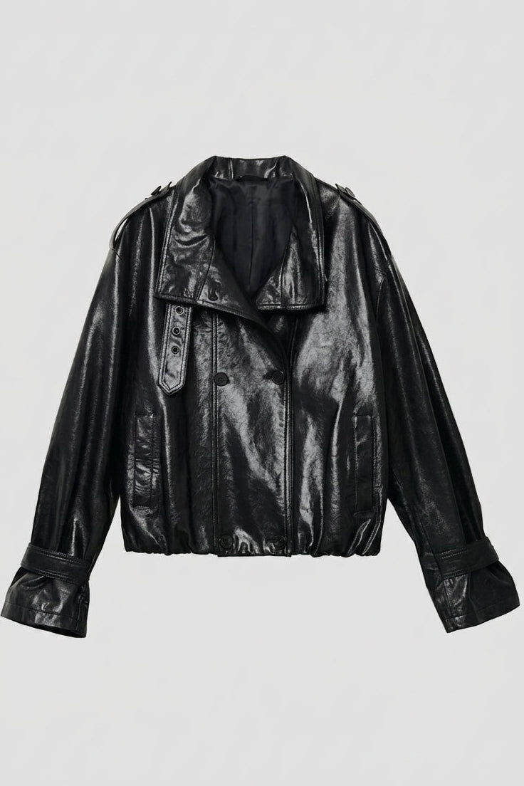CLAUDINE - Black sheepskin moto jacket, front view, with a double-breasted closure and wide coll