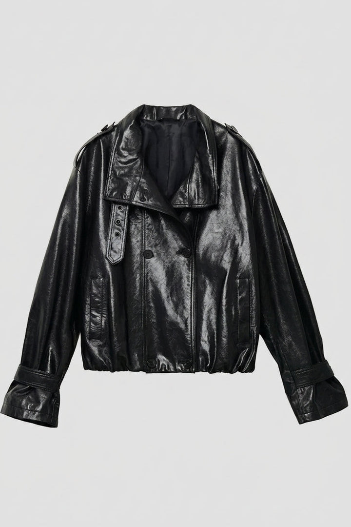 CLAUDINE - Black sheepskin moto jacket, front view, with a double-breasted closure and wide coll