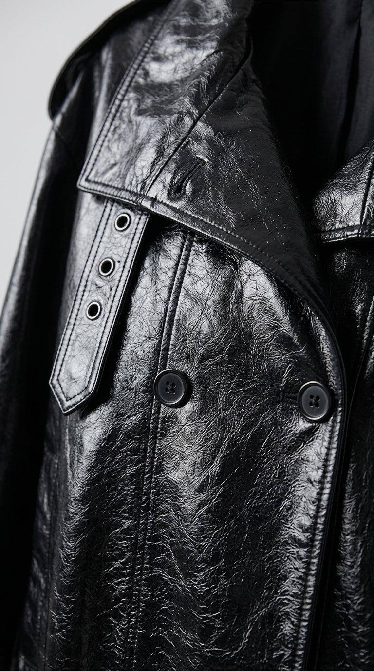 CLAUDINE - Close-up of a black leather jacket with buttons and a strap on a white background